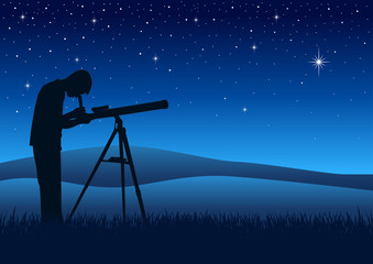 Obraz premium A person observing the night sky through a telescope