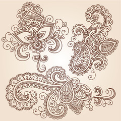Ornate Henna Paisley Doodle Vector Design Elements