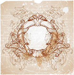 round ornate baroque frame on paper with scribbles