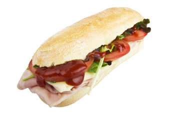 sandwich with lettuce, tomatoes, ham,cheese,ketchup