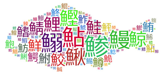 Japanese fishes names  on fish shape (white)