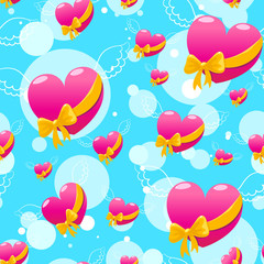 Seamless pattern with Flying pink hearts on a blue background