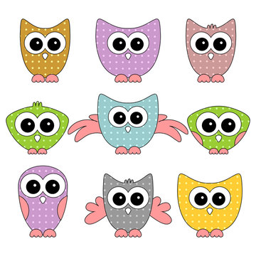 A set of cute childlike owls