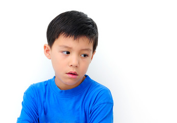 Boy in Blue Shirt Upset and Sad on White Background