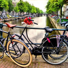 Bicycle along a canal in Amsterdam, the Netherlands © Jenifoto