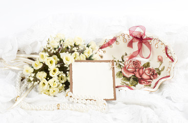 Beautiful flowers with banner add frame and porcelain plate