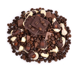 Assorted chocolate candies ,coffee beans,chocolate
