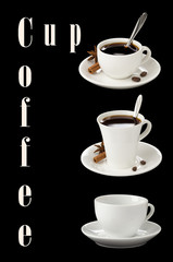 cup of coffee collage with beans isolated on black