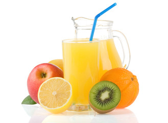 fresh fruits and juice in glass isolated on white