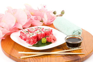 Traditional Japanese food Sushi. Sushi collection with flowers