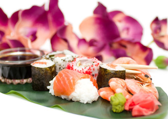 Traditional Japanese food Sushi. Sushi collection with flowers