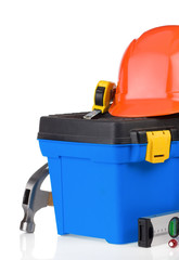 tools and instruments on box isolated on white