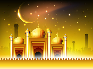 Golden Mosque or Masjid on beautiful shiny  background with moon