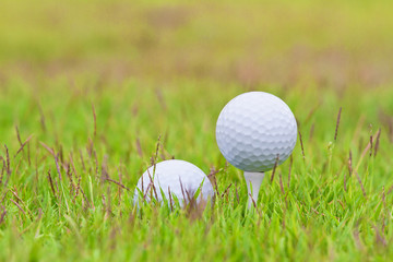 Golf ball on tee over a blurred green