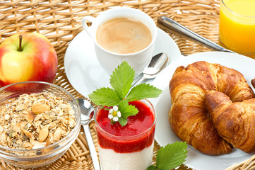 breakfast with coffee, croissants, orange juice
