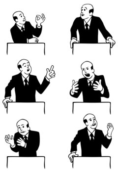 black and white illustration of a man making a speach