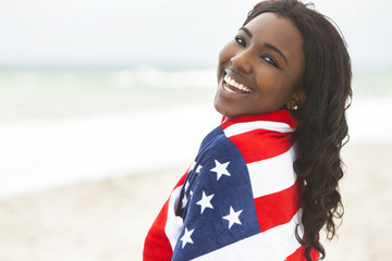 African American Woman Girl in American Flag on Beach