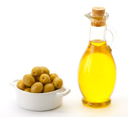 green olives, and glass oil can virgin olive oil