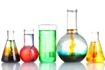 brightly ink in a flask with water isolated on white