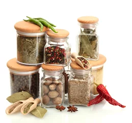 Printed roller blinds Herbs 2 jars and wooden spoons with spices isolated on white