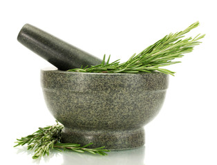 mortar with fresh green  rosemary isolated on white