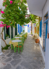 Colorful alley in Plaka village, Milos island, Cyclades, Greece