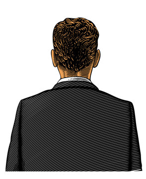 Man in suit from back or rear view in engraved style