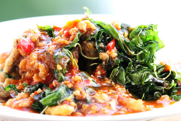 stir fried preserved egg with holybasil