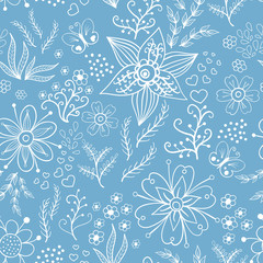 Seamless floral pattern in white ink on blue background