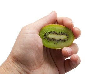 kiwi in hand on white background