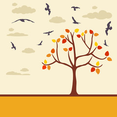 autumn background with tree leaves and birds