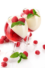 fruit jelly with raspberries in glasses isolated on white