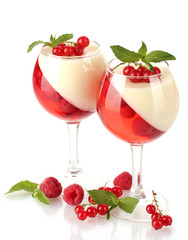 fruit jelly with chocolate and berries in glasses isolated