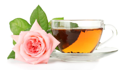 cup of tea with rose isolated on white