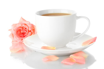 cup of tea with rose isolated on white