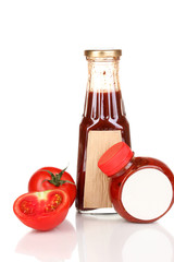 Tomato sauce in bottles isolated on white