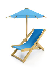3d illustration: umbrella and folding chair, objects rest on the