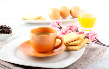 Breakfast with espresso coffee and biscuits