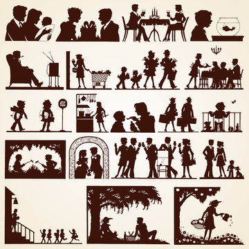 Family silhouettes, vector set of twenty various occasions