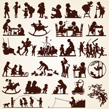 Children silhouettes, vector set of thirty various occasions