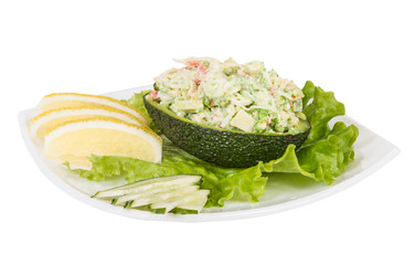 Crab meat salad with green caviar in avocado - japan cusine