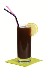 Long Island Iced Tea cocktail, mixed drink made with vodka, gin, tequila,rum and cola in a longdrink glass.