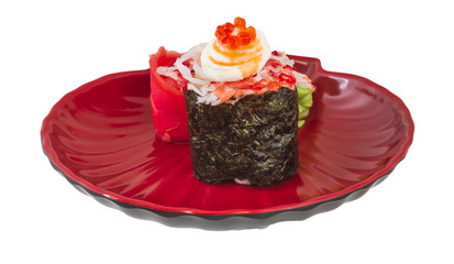 sushi kani with sauced slices of crab shrimp isolated on white b