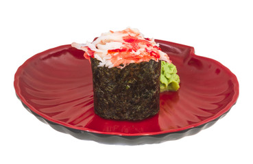 sushi kani with sauced slices of crab shrimp isolated on white b