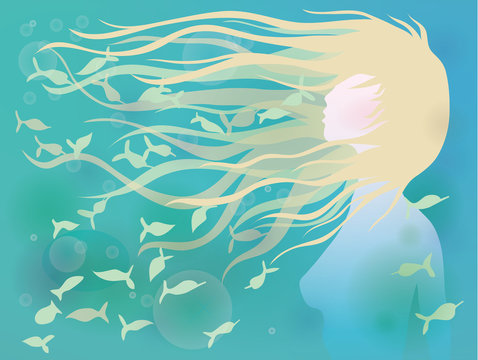 Woman with hair like waves / Azure summer background