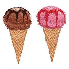 strawberry and chocolate ice cream in cone