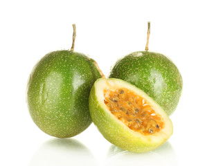 green passion fruit isolated on white background close-up