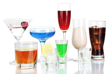 a variety of alcoholic drinks isolated on white
