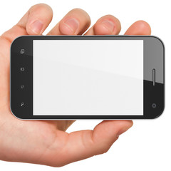 Hand holding smartphone on white background. Generic mobile smar - obrazy, fototapety, plakaty