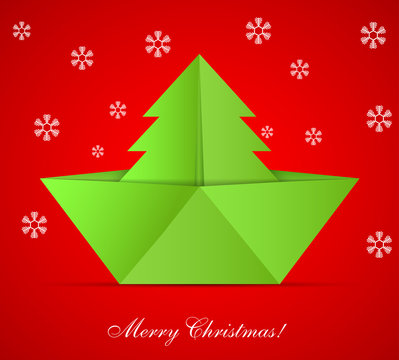 Vector concept of the Christmas tree and origami boat. Eps 10